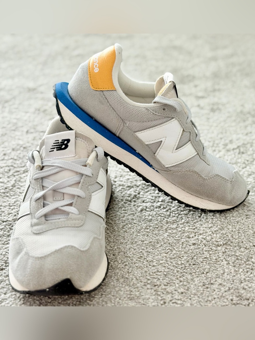 New Balance Big Kid’s Gray 237 Retro Runner w/ Blue & Yellow Accents, Size 6